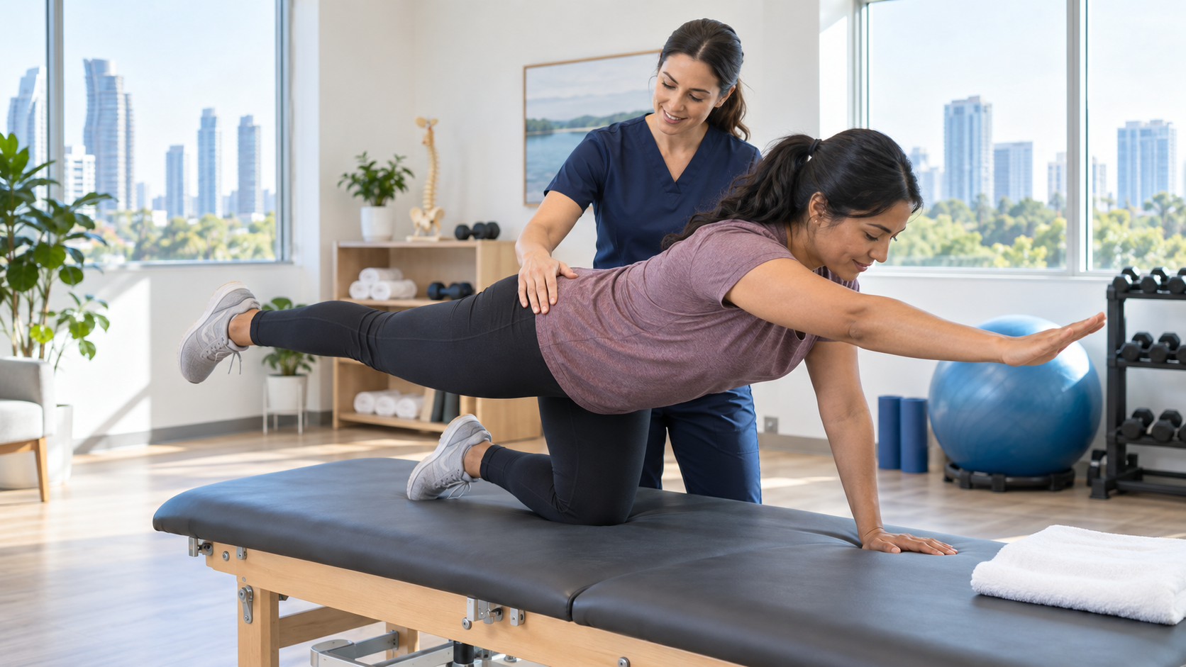 Physiotherapist guiding a patient through a lower-back rehabilitation exercise in a Mississauga clinic