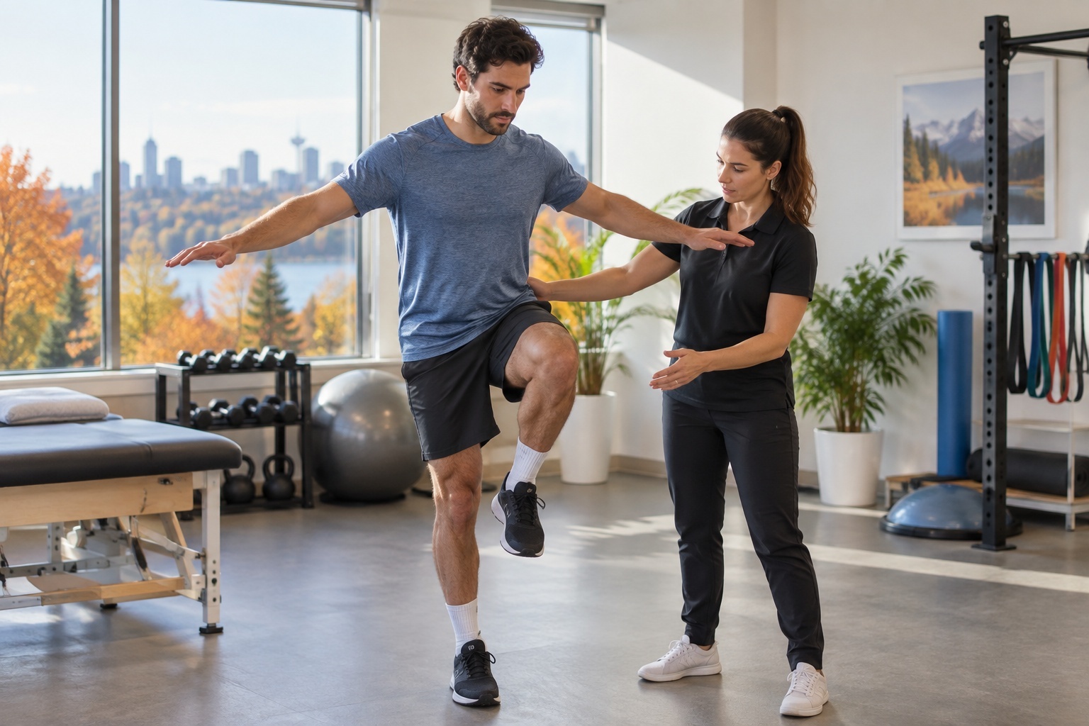 Physiotherapist guiding a man through a single-leg balance exercise to prevent sports injuries